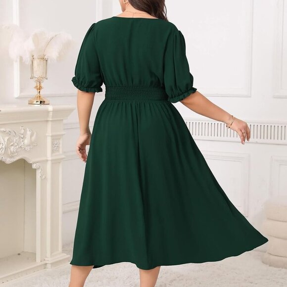 Women's Plus Size Midi Dress V Neck Short Sleeve Boho Elegant Wedding Party - Picture 6 of 6